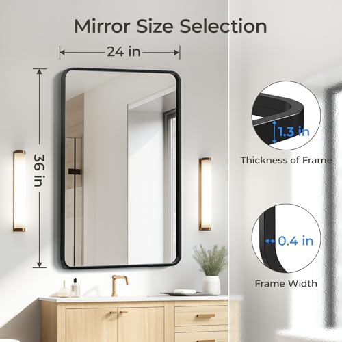 Image of USHOWER Black Bathroom Mirror for Over Sink 24 x 36 Inch, Metal Frame Rectangle Vanity Mirror, Modern Farmhouse, Wall Mounted