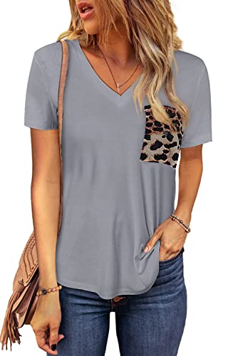 Zecilbo Women's Leopard Printed Splicing T-Shirt Short Sleeve Patchwork V Neck Blouse Tunic