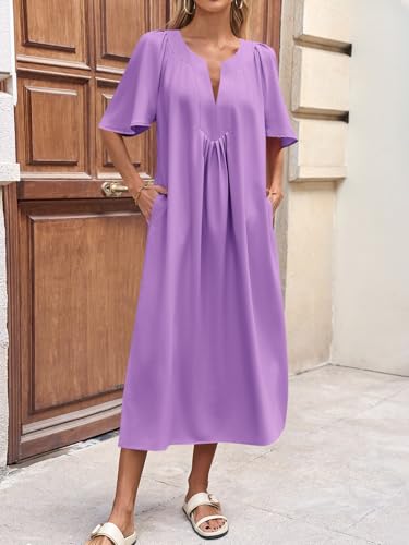 Image of Wenrine Womens Casual Maxi Dress Short Sleeve Loose Flowy Summer Dresses | flutter sleeve, v neck, loose fit, slit, long summer dress, beach, vacation