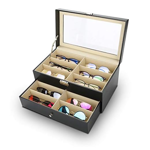 Yosoo Health Gear Organizador de Gafas, Caja para Gafas, Caja Organizadora de 12 Ranuras para Gafas de Sol, Organizador de Caja de Gafas con Cerradura, Caja de Almacenamiento de Gafas de Doble Capa