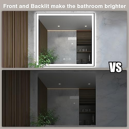 36x36 Square LED Bathroom Mirror - Black Aluminum Framed (Front and Backlit), Anti-Fog Vanity Mirror with Lights, Stepless Dimmable Lighted Mirror,3 Colors Smart Mirror(Horizontal/Vertical)