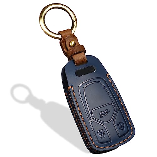 OLLEN Screws-Free Genuine Leather Key Fob Cover, Fit for Audi A3 A4 A6 Q5 Q7 SQ5 S5 TT R8,etc, Leather Smart Remote Key Protector, 3 Buttons, A Style, Blue