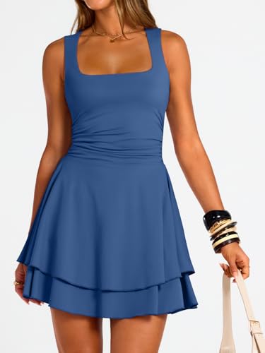 Image of Trendy Queen Women's Square Neck Summer Party Flowy Ruffle Hem Ruched Waist Mini Dress