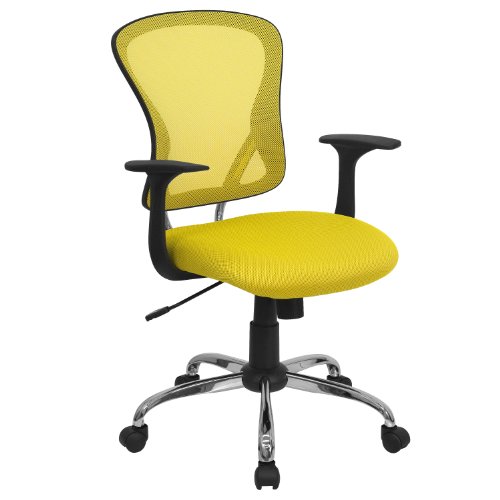 Flash Furniture Silla de Trabajo giratoria de Malla con Respaldo Medio con Base y Brazos cromados, Metal, Amarillo, 73,66 x 60,96 x 27,94 cm