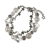 Vintage Punk Y2k Star Pearl Double Layer Beaded Chain Lightweight Bracelet Aesthetic Accessories Grunge Cool Couple Friendship Jewelry for Women-1