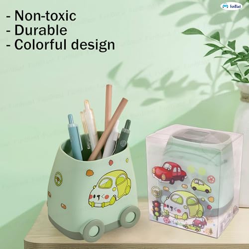 Image of FunBlast Pen Stand for Study Table, Car Stationary Organizer with Kawaii Stickers, Pen Stand for Kids & Girls, Desk Organizer, Birthday Return Gifts for Kids (Sea Green)