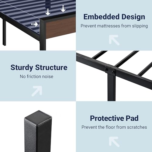 Image of Allewie Twin Size Bed Frame, Heavy Duty 12 Metal Slats Support, Walnut | Wooden Headboard and Footboard, Modern Platform Bed, No Box Spring Needed, Under-Bed Storage, Noise Free, Easy Assembly