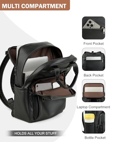 MASINTOR Leather Laptop Backpack for Women, Stylish Computer Backpack College Business Work Shoulder Bags Work and Travel Black4