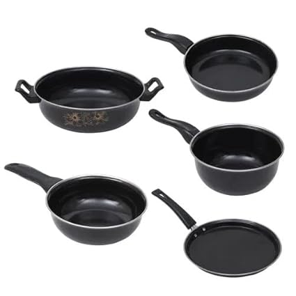 ATEVON Enamel 5-Piece Cookware Set in Black - Includes Kadhai, Tawa, Frying Pan, Tadka Pan, and Milk Pan - Induction Base for Versatile Cooking