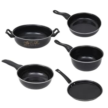 ATEVON Enamel 5-Piece Cookware Set in Black - Includes Kadhai, Tawa, Frying Pan, Tadka Pan, and Milk Pan - Induction Base for Versatile Cooking