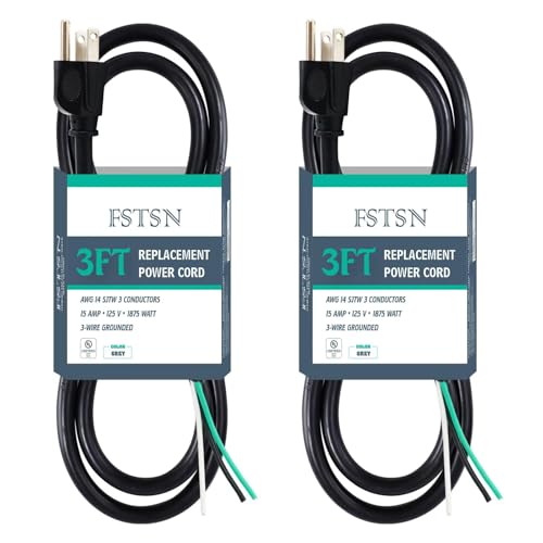 Image of FSTSN 2 Pack 3 ft 14/3C SJTW Appliance and Power Tool Cord, 14 Gauge 3 Prong Replacement Power Supply Cord Cable, 110V 115V 120V AC Pigtail, 15A, 1875w Black