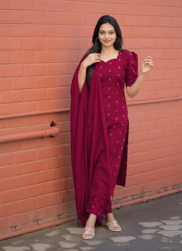 Image of ANNI Designer Women's Purple Printed Kurta Set | Pure Viscose 3 Piece Ethnic Suit Set with Pant & Dupatta | Festive for Women | Cotton Kurta Sets for Woman