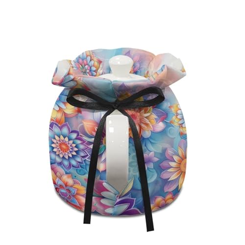 Image of Boho Flowers Dust Cover with Drawstring, Durable Dustproof Teapot Cozy Breakfast Warmer Tea Kettle Quilt for Home Kitchen Table, Red Christmas Decor