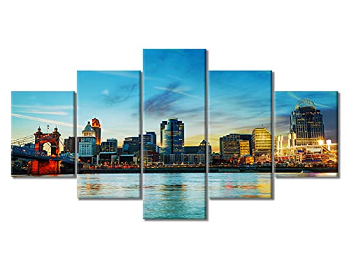 5 Panels Cincinnati Cityscape Home Decor Beautiful Cincinnati Bridge on Ohio River Canvas Wall Art Cincinnati, Ohio Skyline Wall Decoration Picture Artwork Framed Ready to Hang (60''Wx 32''H)