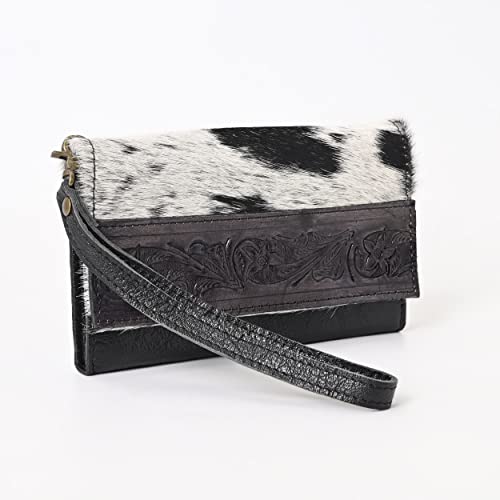 Handtooled Genuine Cowhide Leather Clutch Wallet for Women - Western Tooled Design, Multiple Card Slots, Bifold Wristlet, Black & White Hair-On Hide, Gifts for Women2