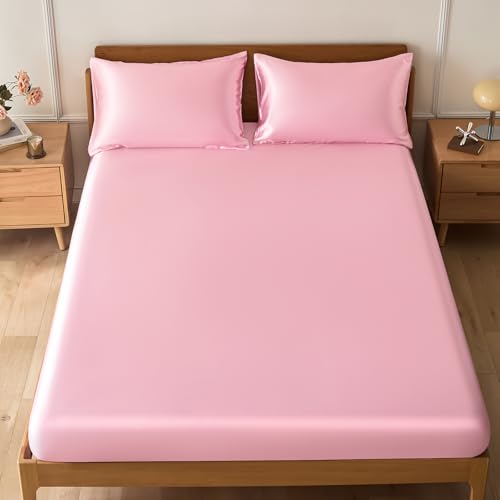 VACVELT 3-Piece Satin Fitted Sheet Set Queen Size, Pink Bottom Bed Sheet with 2 Pillowcases, Similar to Silk Sheets, Luxury & Silky Bedding Set, 15 Inch Deep Pocket - Image 7