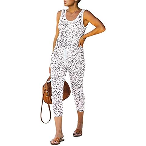 Amegoya Women's Crewneck Drawstring Waist Stretchy Lounge Romper with Pockets(4-6 White) Cover