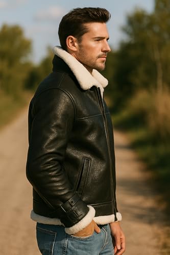 Men's B3 Winter Shearling Bomber Jacket - Aviator Pilot Sheepskin Black Leather Jacket Removable Hoodie4