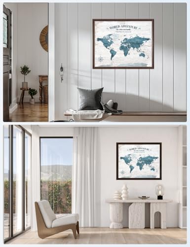 Image of IPIC - Personalized World Map Canvas Wall Art, Push Pin Map with Custom Names to Track Your Travels, Vintage Teal Framed Wall Decor for Home, Office, Living Room or RV, Ready to Hang