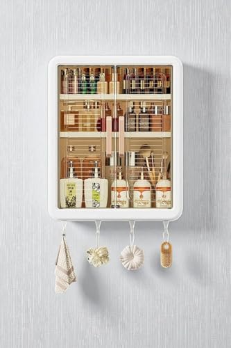Image of Arto Wall Mounted Medicine Cabinet | Double Door Storage with Hooks | Waterproof Multipurpose Organizer for Home & Kitchen (White)