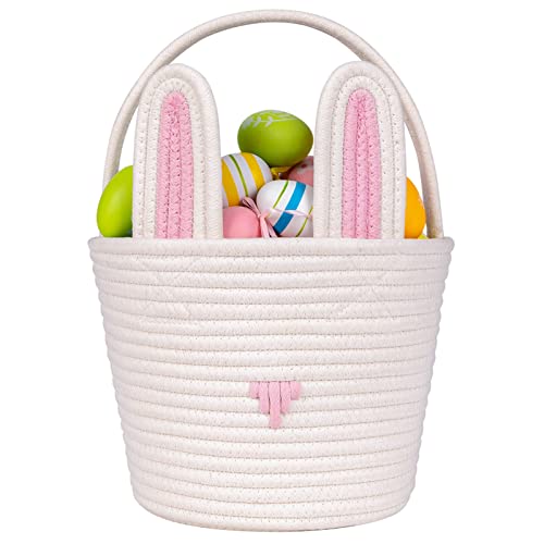 Image of CubesLand Easter Bunny Basket Easter Buckets for Kids with Ear, Easter Egg Hunt Basket Bags Easter Gifts for Girls Baby Kids Children Pink White 9.8 x 7.8 x 7.8 inch