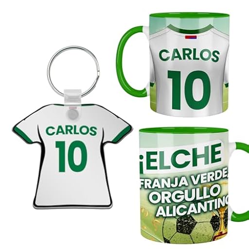 Kembilove® Pack Taza y Llavero Fútbol Elche Personalizados | Nombre y Número | Regalo Franja Verde Elche CF para Aficionados Ilicitano Niño Adulto | Detalle Futbolero Original | Ya disponible en tu tienda friki favorita! En mundofriki.es!
