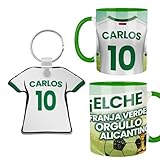 Kembilove® Pack Taza y Llavero Fútbol Elche Personalizados | Nombre y Número | Regalo Franja Verde Elche CF para Aficionados Ilicitano Niño Adulto | Detalle Futbolero Original