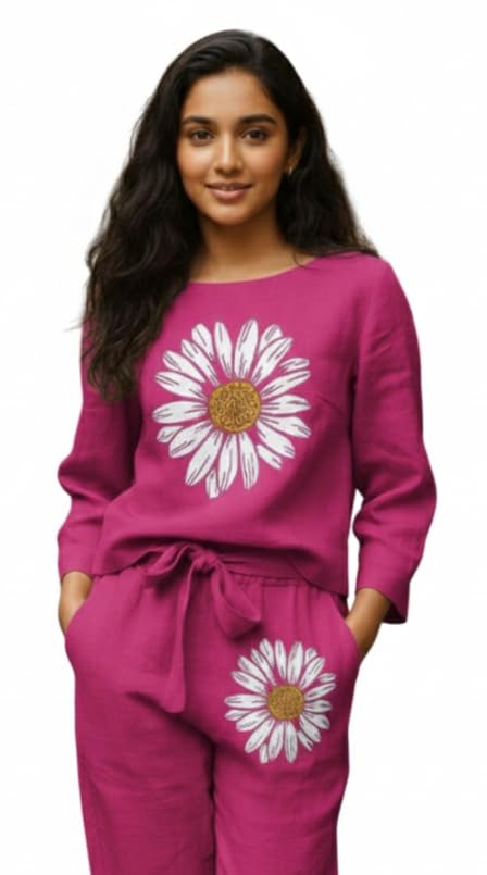 Image of White Button new Girls sunflower Daisy Print Flax Cotton Co-ord Set - Breathable Summer 2-Piece Outfit