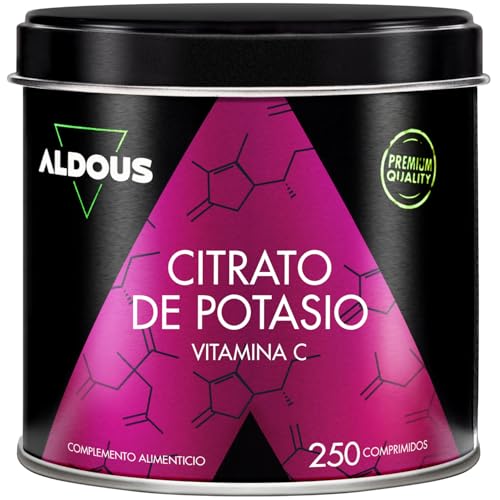 Citrato de Potasio 3705 mg - 250 comprimidos Sin Recubrimiento - Potasio Puro 1000 mg + Vitamina C 80mg - Suplemento Deportivo - Músculos, Tensión Arterial, Sistema Nervioso - ALDOUS