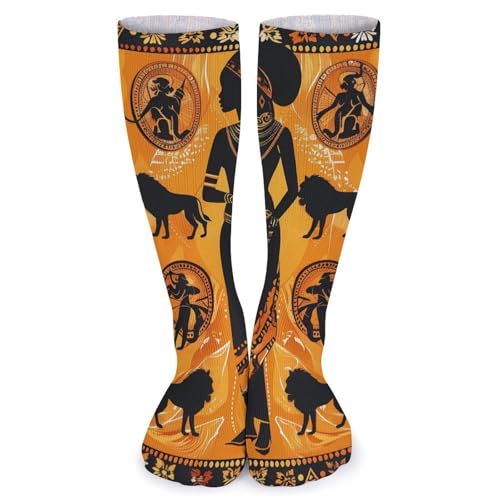 Image of African Traditional Women And Animals Compression Knee High Socks Over The Calf Sock Breathable Printed Mesh Stockings