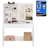 VASAGLE KAILYN Collezione - Toeletta con Luci LED 3 Colorazioni con Luminosità Regolabile, Tavolo da Trucco con Specchio, Ripiani Regolabili, 2 Cassetti, Postazione Trucco, Bianco RDT123T14