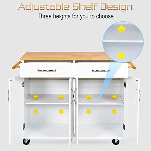 QCen Kitchen Island on Wheels with Large Storage Cabinet and Drawers Carts,Rolling Serving Cart with Adjustable Shelves,Rubber Wood Top, Easy to Assemble,White