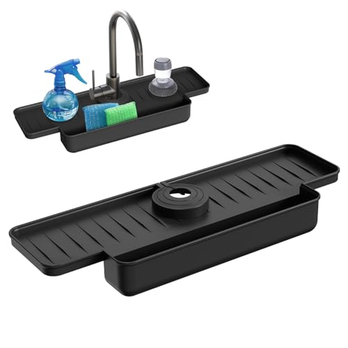 KDAMGOQE Kran matta diskho matta med svamphållare minimalistisk silikon kran skydd & dränering matta snabbtorkande mångsidig handfat stänkskydd för kök badrum husbilar, svart