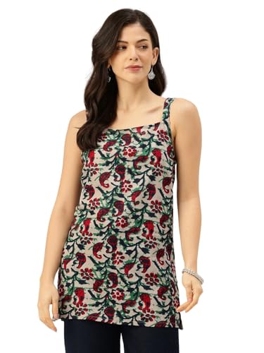 Image of feranoid Women's Printed Sleeveless Short Kurti with Stylish Neck, Backless Design & Side Slits (XS-XL)