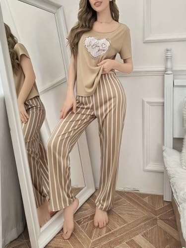 Image of Women's 2-Piece Pajama Set - Short Sleeve Top & Pants Lounge Set, Soft Breathable Sleepwear Night Suit for Women