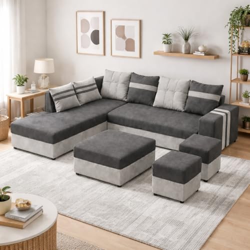 Image of Stova Luxe Velvet-Suede Fabric 8 Seater LHS Sofa Set | with 2 Ottomans& Centre Table| Comfortable & Spacious Seating | Modern Sofa Set for Living Room - Light Grey & Dark Grey