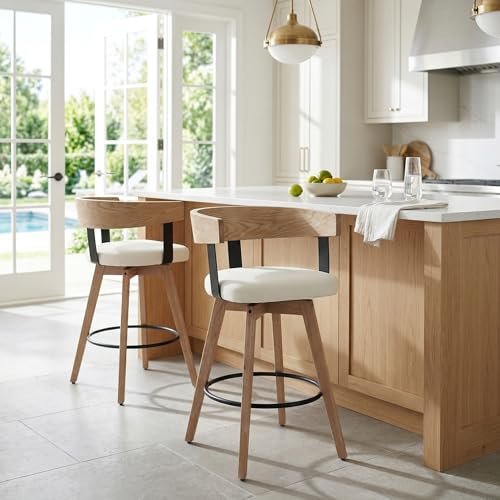 Butaco HNY 26" asiento altura giratorio en lino juego de 2, blanco | Moderno taburetes giratorios 360° con tapizado de lino estructura de madera maciza y reposapiés de metal perfecto para barra y comedor miniatura 5