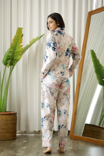 Image of SANSKRUTIHOMES Women's Premium 100% Cotton Printed Night Suit Set | Elegant Full Sleeve Collar Top & Pyjama | Soft & Breathable Premium Loungewear for Women
