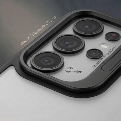 Image of amazon basics Frosted Matte Case for Samsung Galaxy S23 Ultra 5G | Built-in Flip-Out Camera Lens Stand | Translucent Back with Contrast Black Bumper | Foldable Kickstand