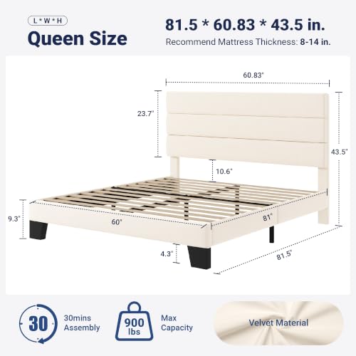 Image of Allewie Queen Size Platform Bed Frame with Velvet Upholstered Headboard and Wooden Slats Support, Fully Upholstered Mattress Foundation /No Box Spring Needed /Easy Assembly, Cream