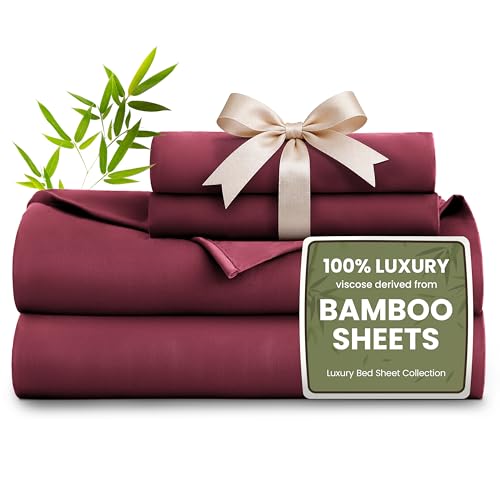 Image of Love's cabin 4 Piece Full Size Sheet Set, 100% Rayon Derived from Bamboo, Cooling & Breathable, Soft Silky Deep Pocket up to 16 inch, Hotel Luxury Bedding for Hot Sleepers, Burgundy