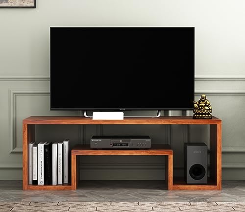 Image of Furniture Premium Sheesham Wood TV Unit with 3-Shelf Storage - Accommodates Up to 43-Inch TV - Ideal for Living Room Decor (Myles, Honey Finish)