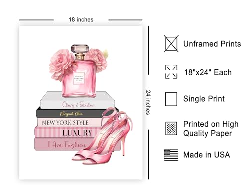 Image of Poster Master Fashion Print - Pink Designer Poster - Shoes & Perfume Art - Chic Gift for Her & Fashionista - Luxury Haute Couture Decor for Bedroom or Girl's Room - 18x24 Unframed Wall Art