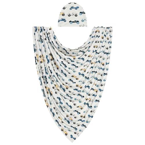 Image of Posh Peanut Unisex Baby Swaddle Blanket - Large Premium Knit Viscose from Bamboo - Infant Swaddle Wrap, Receiving Blanket and Beanie Set, Baby Shower Newborn Gift, Registry - Enzo