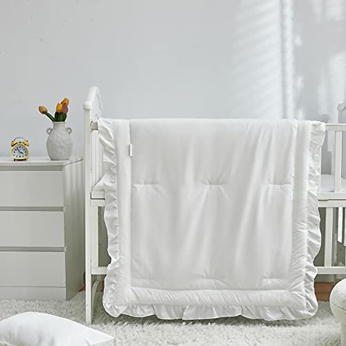 3 Pieces Crib Bedding Set Baby Ruffle Quilted Comforter With Fitted Sheet And Pillow - Cute Ruffled Shabby Chic Bedding Soft Blanket Design White #TOP2