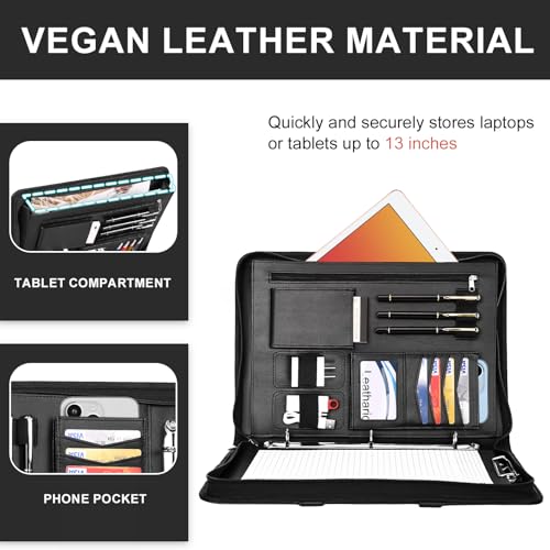 Image of Leathario Portfolio Binder, Includes 5 Folder Index Dividers,1 Hole Punch,13 Inch Tablets Organizer with Handle, Vegan Leather A4 Padfolio, Multi-Pocket Notepad Business Planner Professional Document