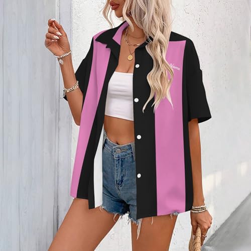 Custom Retro Bowling Shirts for Women, Vintage Short Sleeve Button Down Casual Shirts with Personalized Team Name4