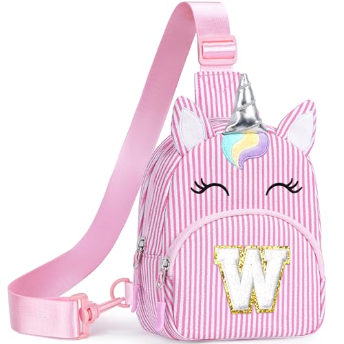 Image of YOOLIFE Initial Girls Fanny Pack Kid Purse Sling Bag Birthday Gifts, Pink W | Cute Sling Bag Crossbody Bags for Little Girls Purse, Birthday Gifts for 2 3 4 5 6 7 8 Year Old Girl Kids Personalized Gift