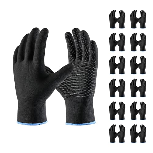 COOLJOB 12 Pairs Baumwollhandschuhe mit Noppen für Herren und Damen, Atmungsaktiv & Strapazierfähig, Arbeitshandschuhe für Lager, Garten, Transport und Montage (Größe 9, Schwarz)