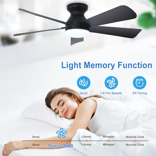 Image of Depuley 42-Inch Ceiling Fans with Lights: Flush Mount Ceiling Fan with Remote Control Indoor /Outdoor- Black 5 Blade Low Profile Fandelier for Kitchen Gazebo - Reversible Quiet Timer - 2 Packs